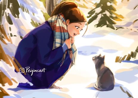 Обои на рабочий стол Девочка сидит напротив кошки на снегу, by Peijin Yang