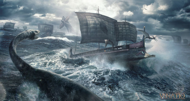 Обои на рабочий стол Морские чудища из древнегреческой мифологии Scylla and Charybdis / Сцилла и Харибда крушат греческие триремы в море, арт к игре Venatio, by Saby Menyhei