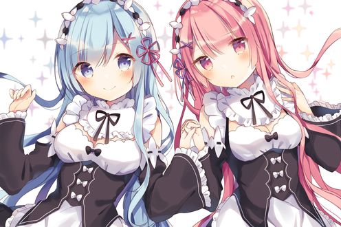 Обои на рабочий стол Rem / Рем и Ram / Рам из аниме Re:Zero kara Hajimeru Isekai Seikatsu / Re:Zero. Жизнь с нуля в альтернативном мире