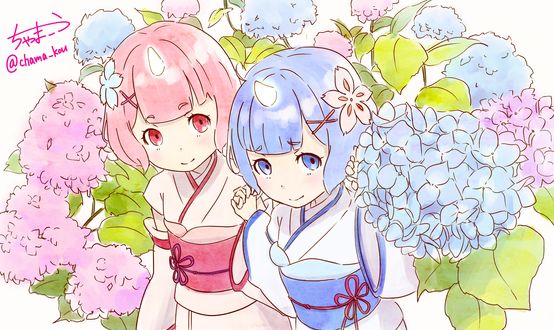 Обои на рабочий стол Rem / Рем и Ram / Рам из аниме Re:Zero kara Hajimeru Isekai Seikatsu / Re:Zero. Жизнь с нуля в альтернативном мире