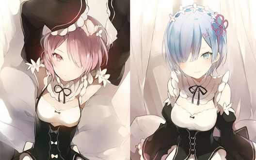 Обои на рабочий стол Rem / Рем и Ram / Рам из аниме Re:Zero kara Hajimeru Isekai Seikatsu / Re:Zero. Жизнь с нуля в альтернативном мире