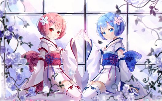Обои на рабочий стол Rem / Рем и Ram / Рам из аниме Re:Zero kara Hajimeru Isekai Seikatsu / Re:Zero. Жизнь с нуля в альтернативном мире