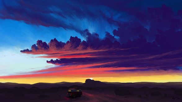 Обои на рабочий стол Автомобиль на фоне закатного неба, by BisBiswas