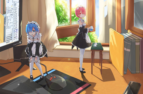Обои на рабочий стол Rem / Рем и Ram / Рам из аниме Re:Zero kara Hajimeru Isekai Seikatsu / Re:Zero. Жизнь с нуля в альтернативном мире