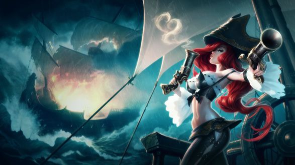 Обои на рабочий стол Охотница за головами Miss Fortune / Мисс Фортуна (Сара Фортуна) с пистолетами в руках стоит возле штурвала корабля, персонаж из игры League of Legends / Лига Легенд
