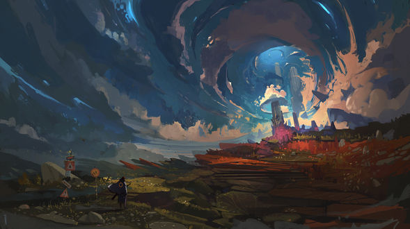 Обои на рабочий стол Странник идет к замку стоящему на горе, by Ismail Inceoglu
