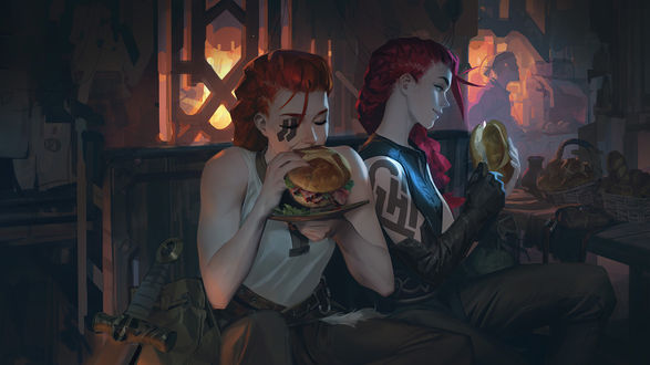 Обои на рабочий стол Сестры-воительницы Jaelan & Jaeya кушают в таверне, by Mingchen Shen
