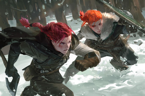 Обои на рабочий стол Сестры-воительницы Jaelan & Jaeya в бою, by Mingchen Shen