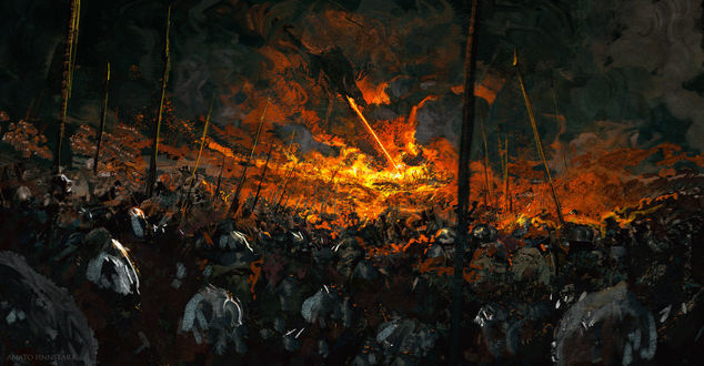Обои на рабочий стол Дракон над полем битвы, by Anato Finnstark