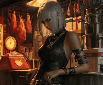 Обои на рабочий стол Белокурая девушка с сигаретой в руке стоит у прилавка, by GUWEIZ
