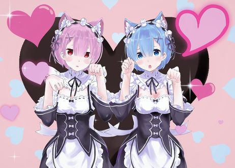 Обои на рабочий стол Rem / Рем и Ram / Рам из аниме Re:Zero kara Hajimeru Isekai Seikatsu / Re:Zero. Жизнь с нуля в альтернативном мире