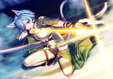 Обои на рабочий стол Синон / Сино Асада из аниме Sword Art Online целится из лука в полете