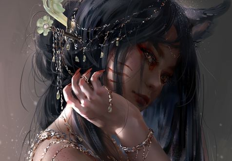 Обои на рабочий стол Ahri / Ари из игры League of Legends / Лига Легенд, art by Nixeu