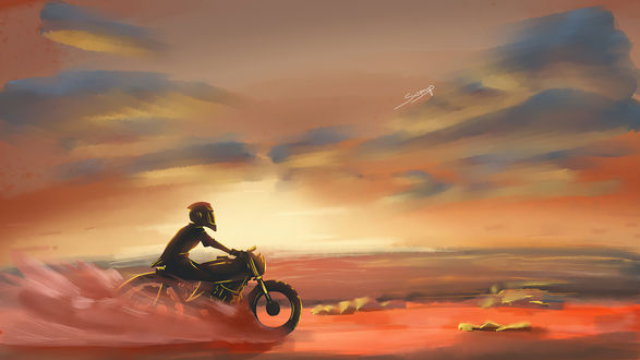 Обои на рабочий стол Мотоциклист мчится на фоне заката солнца, digital art by Swaroop N