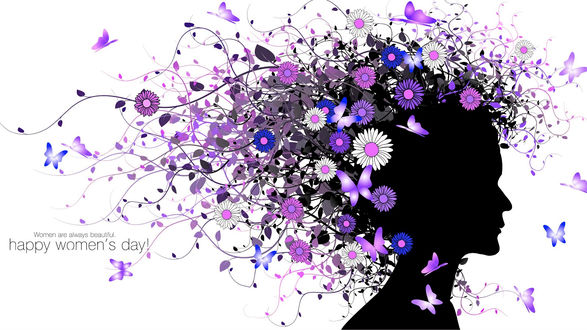 Обои на рабочий стол Девушка с цветочными волосами и надписью (Happy womens day / Счастливого Женского Дня)