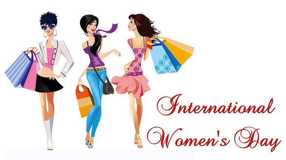 Обои на рабочий стол Девушки идут довольные с подарками и надписью (International Womens Day / Международной Женский День)