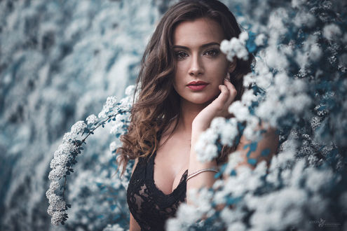 Обои на рабочий стол Девушка стоит у цветущего весеннего куста, фотограф Goran Dobozanov
