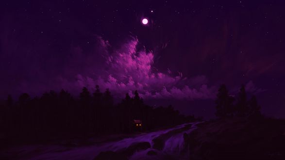 Обои на рабочий стол Домик стоящий в лесу возле водопада в ночное время суток, digital art by BisBiswas