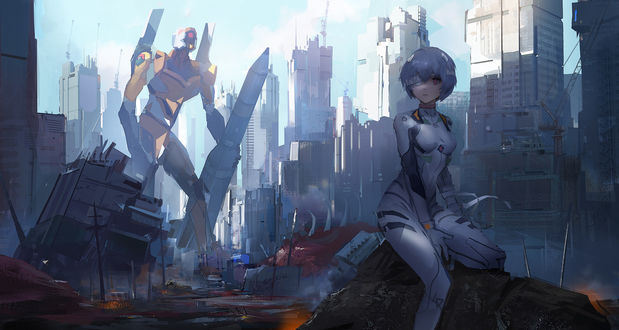 Обои на рабочий стол Рей Аянами / Rei Ayanami и EVA Unit 00 персонажи из аниме Евангелион Нового Поколения / Neon Genesis Evangelion, by Qosic