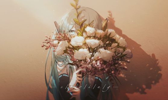 Обои на рабочий стол Vocaloid Hatsune Miku / Вокалоид Хатсунэ Мику с букетом цветов