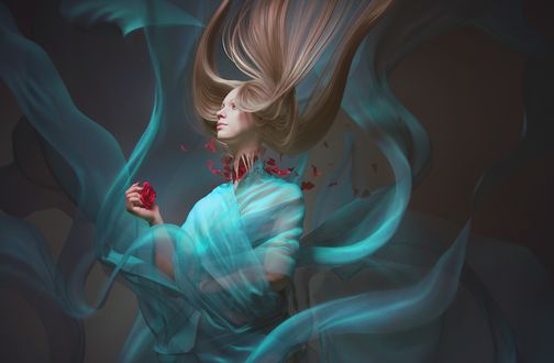Обои на рабочий стол Девушка в голубом с розой в руке, by Marianna Yakimova