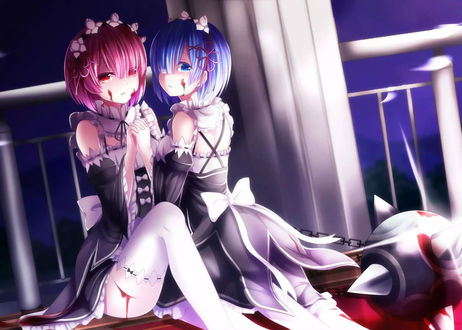 Обои на рабочий стол Rem / Рем и Ram / Рам из аниме Re:Zero kara Hajimeru Isekai Seikatsu / Re:Zero. Жизнь с нуля в альтернативном мире