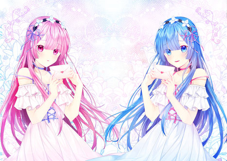 Обои на рабочий стол Rem / Рем и Ram / Рам из аниме Re:Zero kara Hajimeru Isekai Seikatsu / Re:Zero. Жизнь с нуля в альтернативном мире