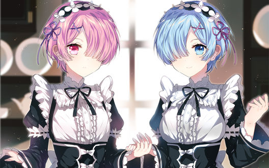 Обои на рабочий стол Rem / Рем и Ram / Рам из аниме Re:Zero kara Hajimeru Isekai Seikatsu / Re:Zero. Жизнь с нуля в альтернативном мире