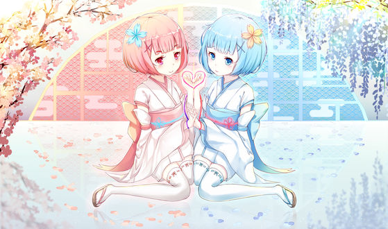 Обои на рабочий стол Rem / Рем и Ram / Рам из аниме Re:Zero kara Hajimeru Isekai Seikatsu / Re:Zero. Жизнь с нуля в альтернативном мире