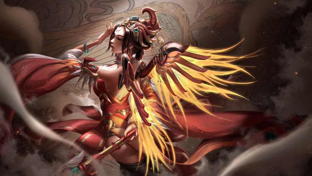 Обои для рабочего стола Ангел Mercy с украшениями на голове и посохом в руке, персонаж из игры Overwatch, art by Liang Xing
