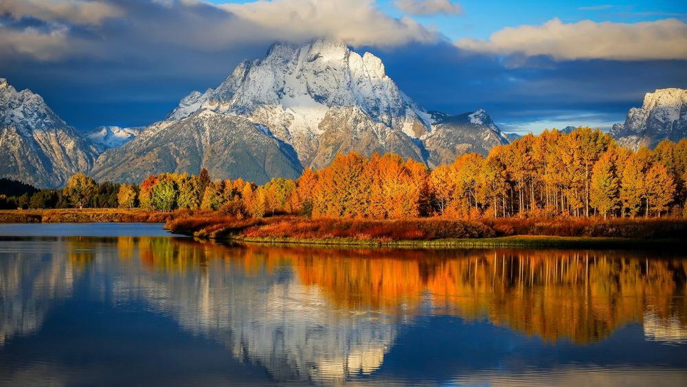 Обои для рабочего стола Осенний лес на берегу реки в горах, Grand Teton National Park / Гранд-Титон - национальный парк в США