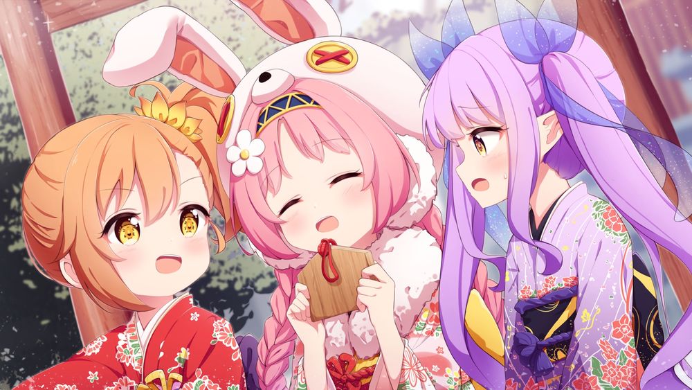 Обои для рабочего стола Misogi Hodaka, Mimi Akane и Kyouka Hikawa в красивых юкатах возле храма, персонажи из мобильной игры Princess Connect Re:Dive, art by Tokenbox