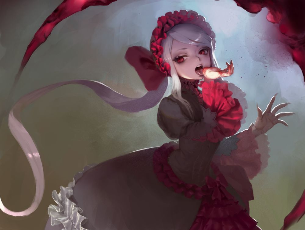 Обои для рабочего стола Вампирша Shalltear Bloodfallen / Шалтир Бладфоллен слизывает с руки кровь, персонаж из аниме Overlord / Повелитель, art by Attall
