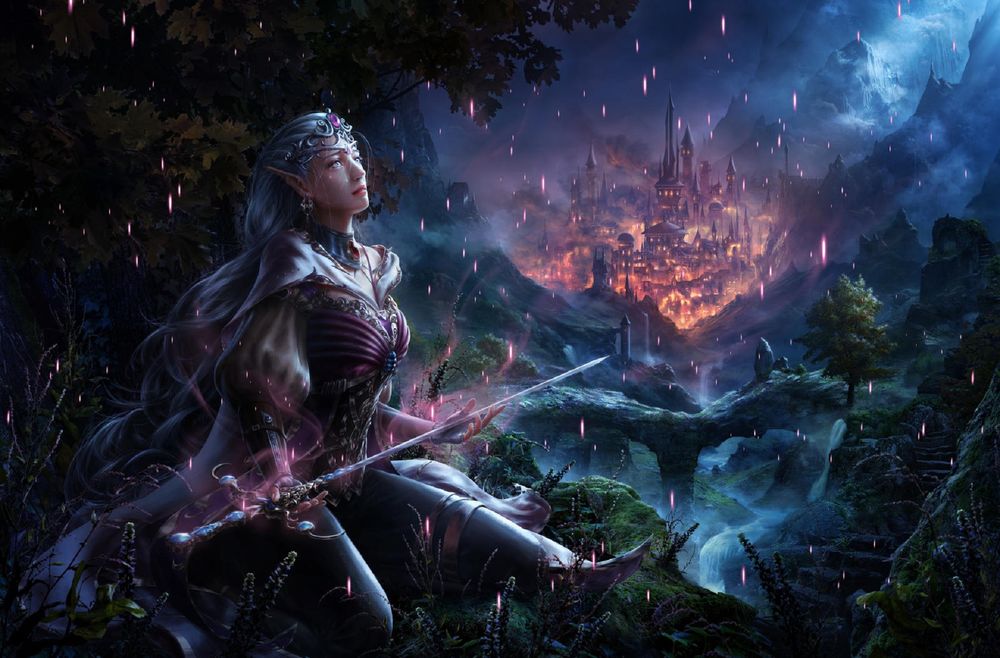 Обои для рабочего стола Девушка - эльфийка Adalia v2 / Адалия с мечом сидит на земле на фоне горящего замка, by Namkoart