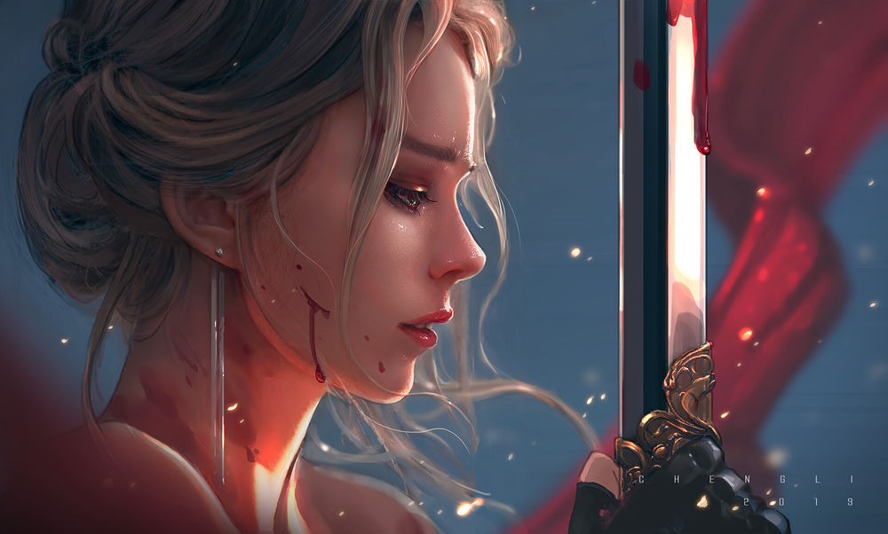 Обои для рабочего стола Девушка с мечом, by Cheng LI