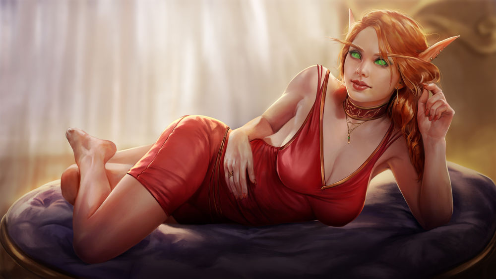 Обои для рабочего стола Lady Liadrin / Леди Лиадрин в красном платье, персонаж из игры World of Warcraft, art by Firolian