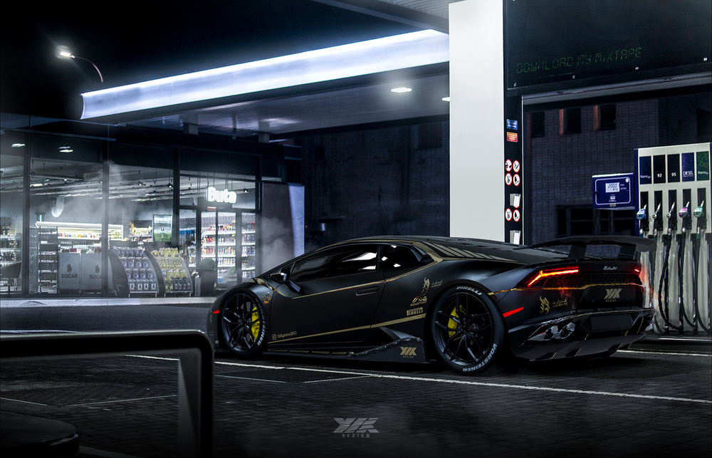 Обои для рабочего стола Спортивный Lamborghini Huracan на ночной заправке, by Hammad XIX