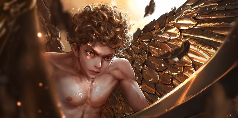 Обои для рабочего стола Ангел с золотыми крыльями, by Cheng LI