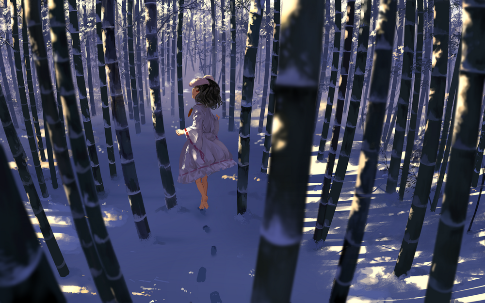 Обои для рабочего стола Reisen Udongein Inaba / Рейзен Удонгейн Инаба ижет по снегу в лесу из серии компьютерных игр Touhou Project / Проект «Восток»