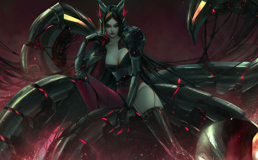Обои для рабочего стола Ahri / Ари персонаж из игры League of Legends / Лига Легенд стилизованная под игру Cyberpunk 2077, art by N I X E U