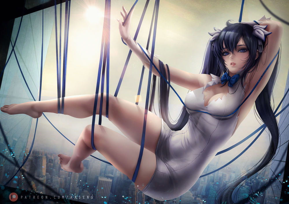 Обои для рабочего стола Hestia / Гестия в белом платье подвешенная на синих ленточках, персонаж из аниме Dungeon ni Deai wo Motomeru no wa Machigatteiru Darou ka / Может, я встречу тебя в подземелье, art by Axsens
