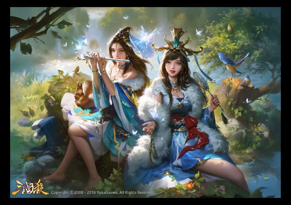 Обои для рабочего стола Две лесных богини эпохи Троецарствия сидят среди птиц и животных, by Yuanyuan Wang