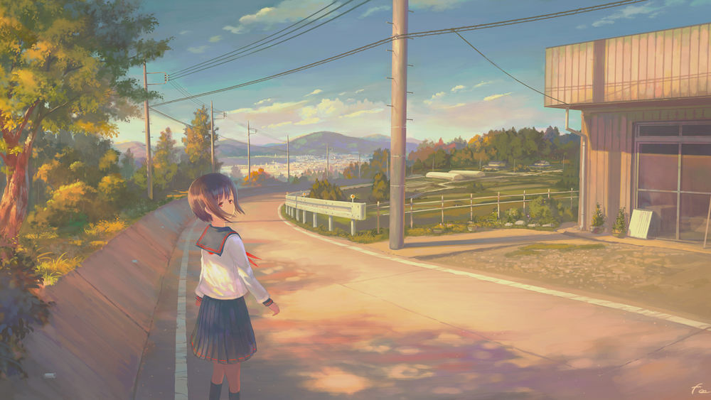 Обои для рабочего стола Девушка в школьной форме стоит на дороге в лучах вечернего солнца