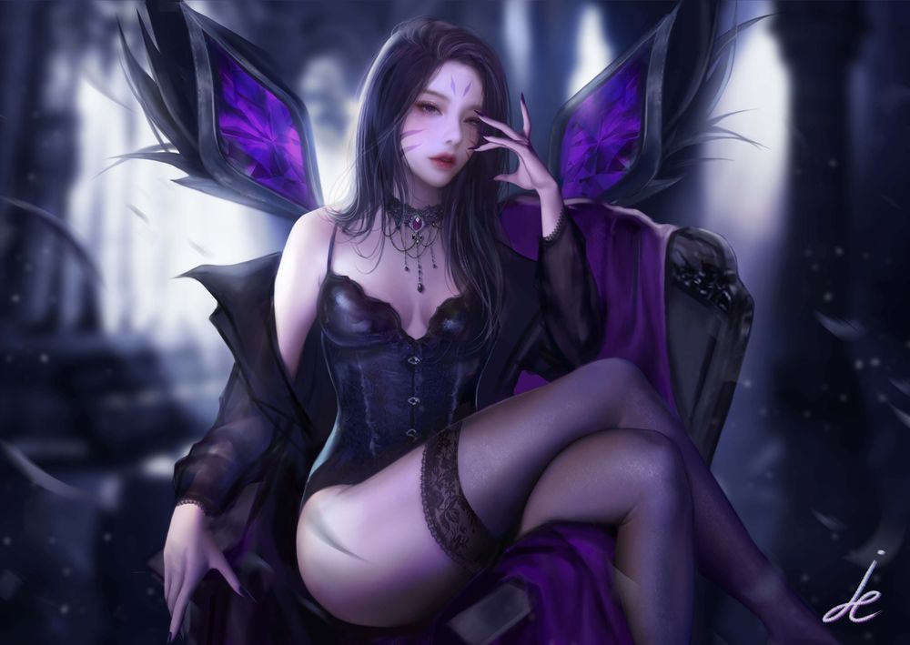 Обои для рабочего стола KaiSa / КайСа сидит в кресле, персонаж из игры League of Legends / Лига Легенд, art by Pinker