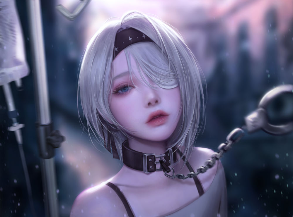 Обои для рабочего стола Персонаж Ssissela / Сиссела из игры black survival / черное выживание с повязкой на глазу в ошейнике и на цепи, оригинальный персонаж by Pinker