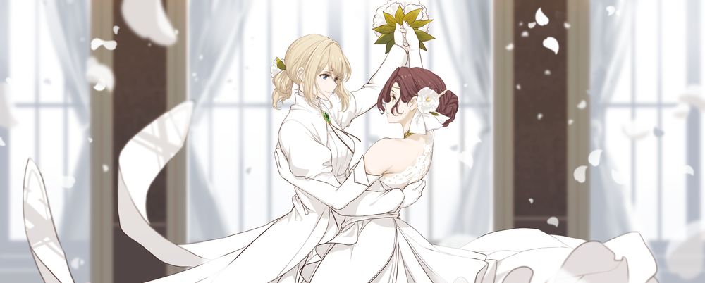 Обои для рабочего стола Violet Evergarden / Вайолет Эвергарден и Isabella York / Изабелла Йорк кружат в танце, персонажи из анимационного фильма Violet Evergarden Gaiden: Eien to Jidou Shuki Ningyou / Вайолет Эвергарден: Вечность и призрак пера art by Dishwasher1910