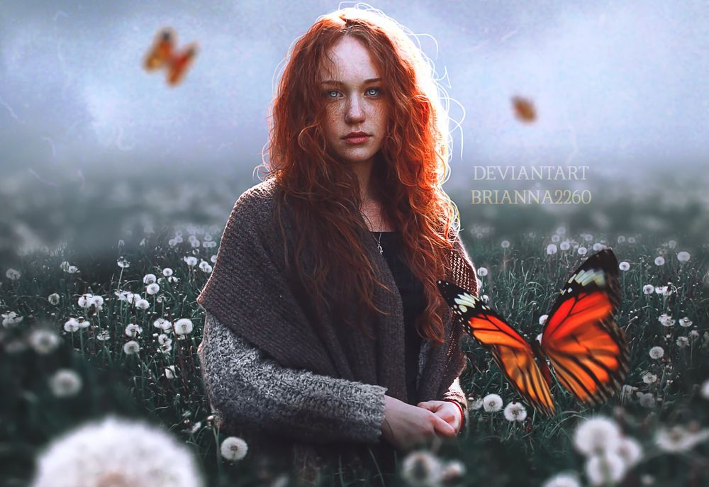 Обои для рабочего стола Рыжеволосая девушка стоит на поле отцветших одуванчиков, над которым порхают бабочки, by Brianna2260