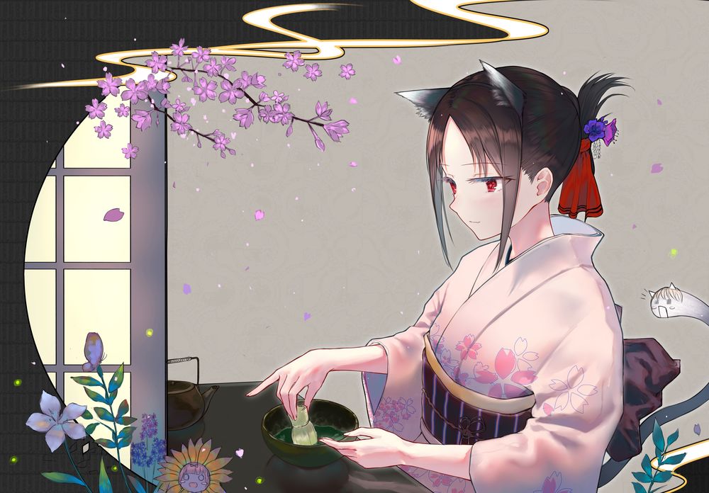 Обои для рабочего стола Kaguya Shinomiya / Кагуя Синомия проводит чайную церемонию, главная героиня из аниме Kaguya-sama wa Kokurasetai: Tensai-tachi no Renai Zunousen / Госпожа Кагуя: в любви как на войне, art by Kayakooooo