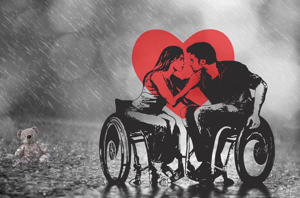 Обои для рабочего стола Влюбленные мужчина и девушка сидят на инвалидных креслах под дождем, by susan-lu4esm