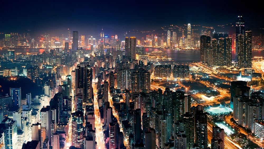 Обои для рабочего стола Панорама ночного Hong Kong / Гонконга, вид сверху, China / Китай
